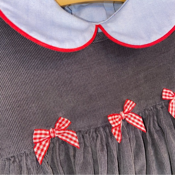 Mondays Child’s Gray Corduroy jumper and blue chambray blouse set red trim - Picture 2 of 7